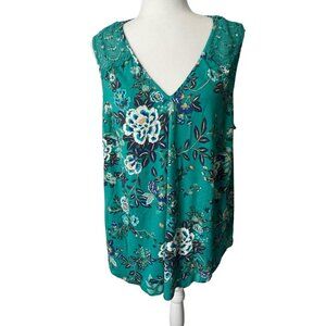 NWT Daniel Rainn Green Floral Pullover V-Neck Sleeveless Crochet Open Back Top